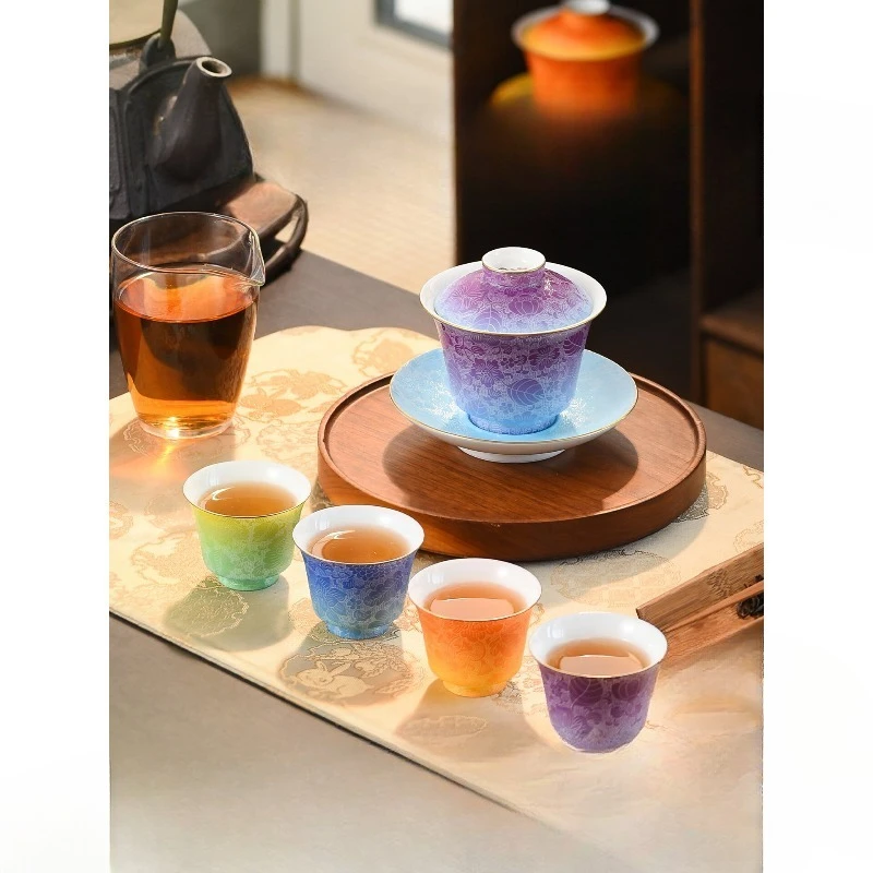 pastel hand-painted spring, summer, autumn and winter set, high-end jade mud kung fu tea set, cover bowl teacup set