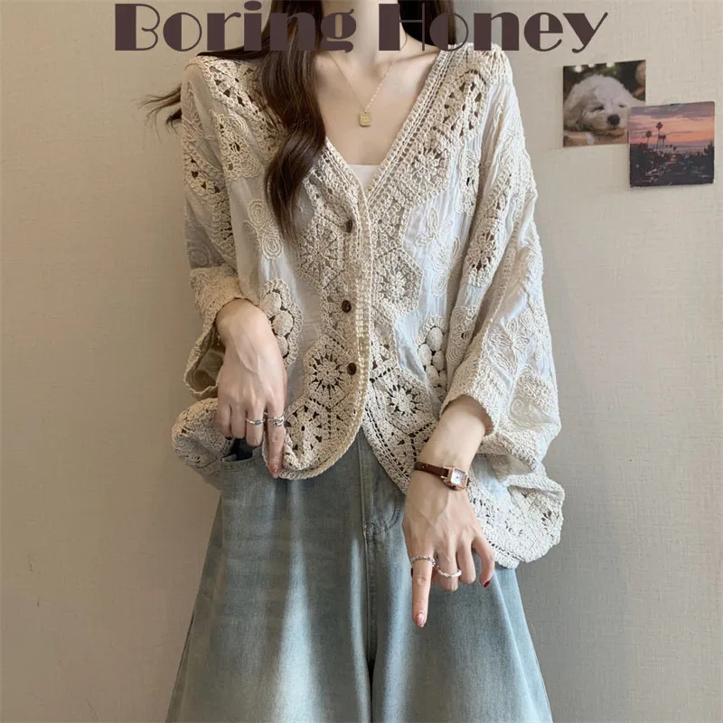 

Boring Honey Plus-Size Women's French V-Neck Crocheted Hollow Cropped Sleeve Sunscreen Top Summer Fat Girl Slim Temperament Shir