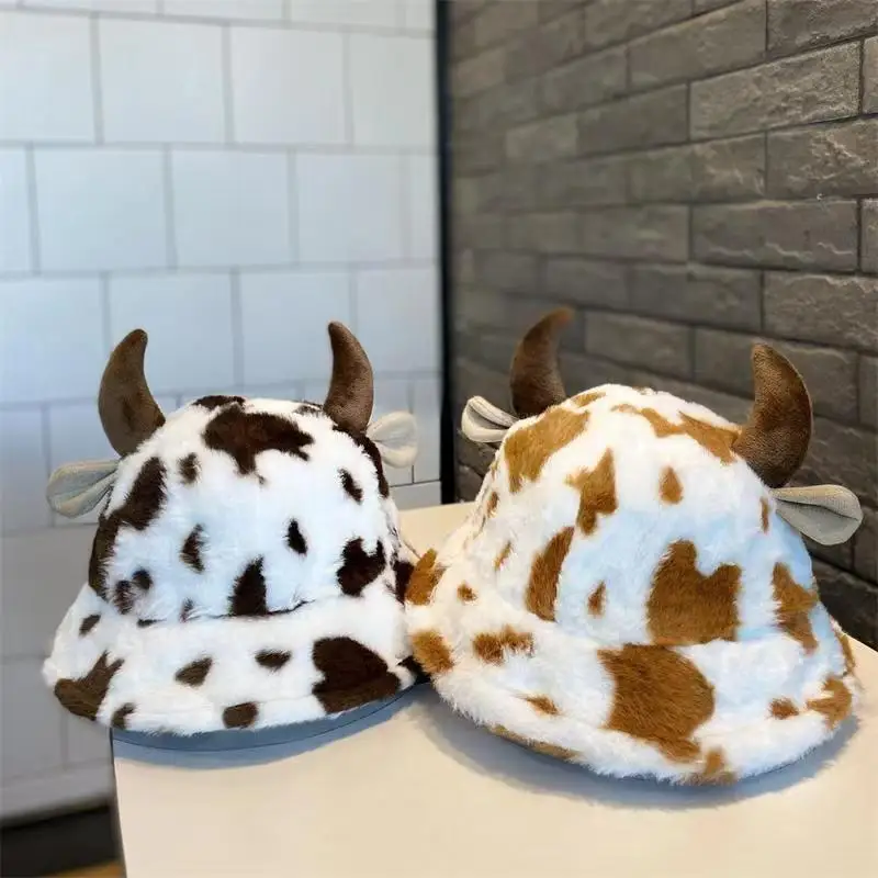 Autumn/Winter Adorable Cow Print Influencer Fisherman's Hat Plush Beanie Warm Bucket Hat for Women Thickened Cow Print Hat
