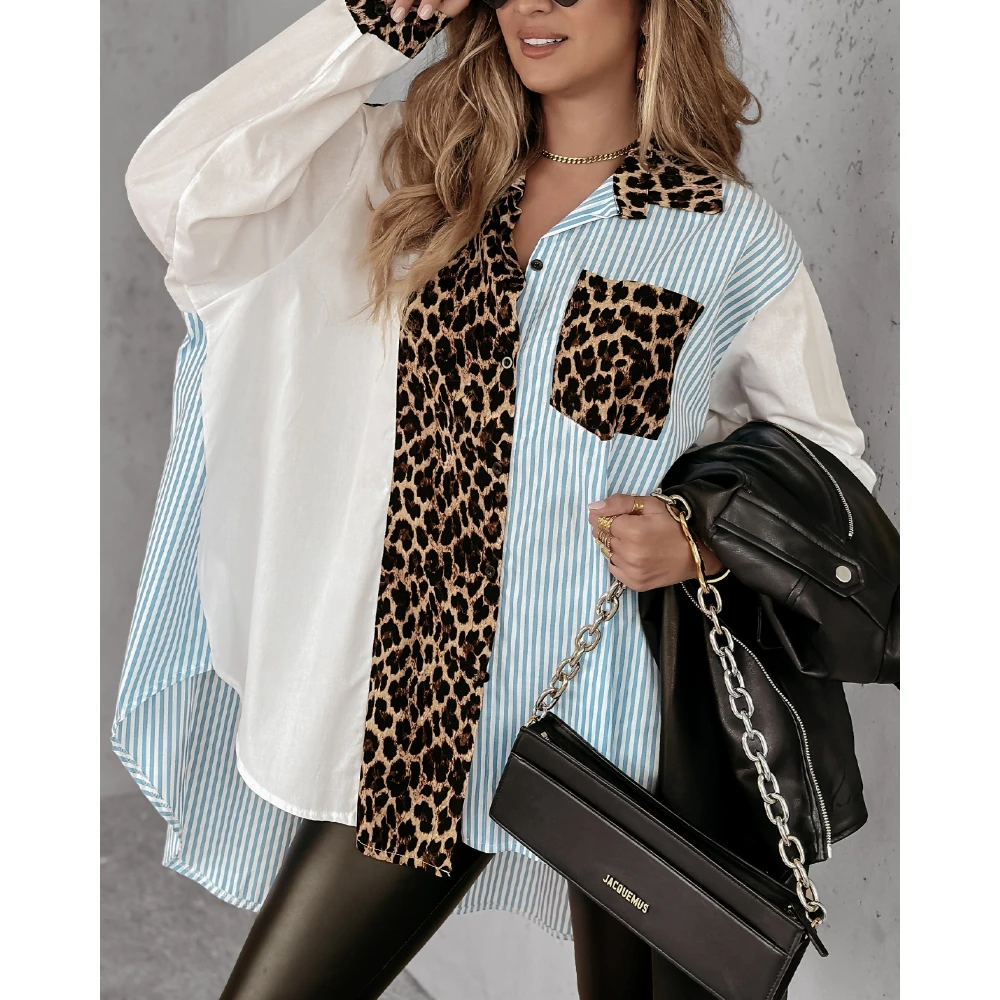 

Leopard Print Striped Dip Hem Loose Fit Casual Blouse Button Front Shirt