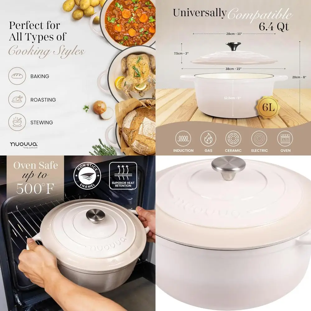 

6.4 Quart Non-Stick Enamelled Cast Iron Dutch Oven Pot with Lid - Oven Safe up to 500°F for Baking, Braising, Stews, and Roastin
