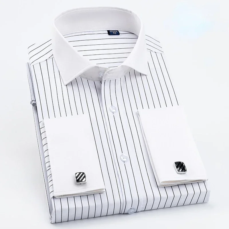 Men French Cufflinks Shirt High Quality Hidden Button Men\'s Long Sleeve Casual Slim Fit Cuff Dress Shirts (Cufflinks Included)