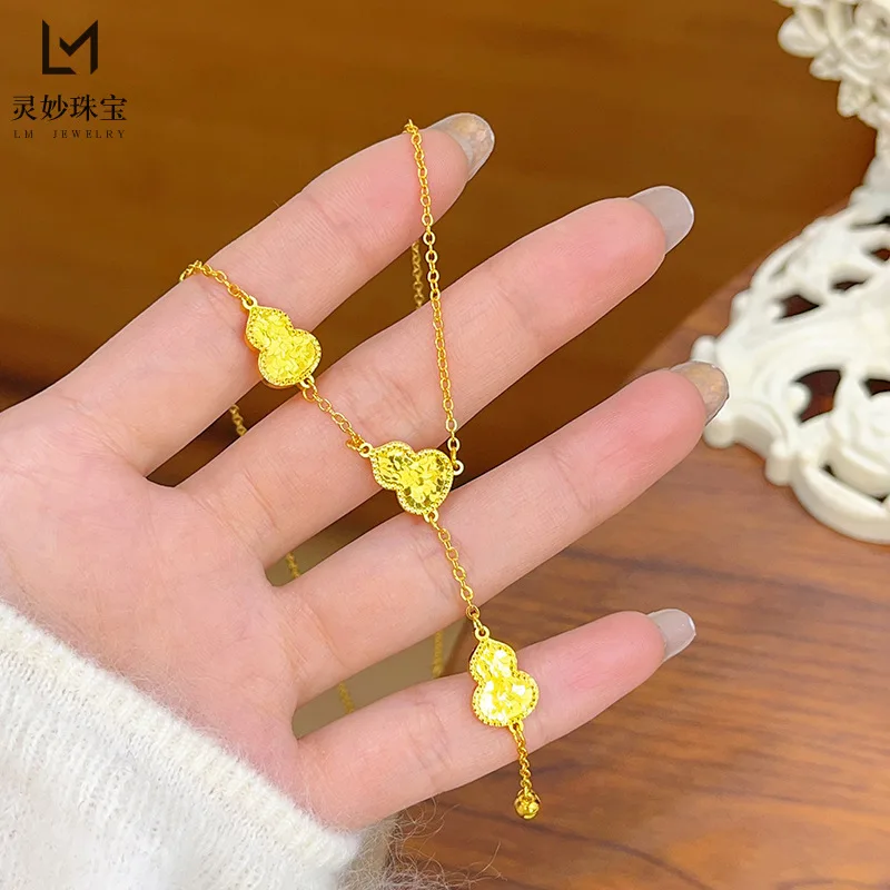 

9999 24K real gold luxury jewelry gourd pendant necklace for women's broken ice furlu tassel collarbone chain
