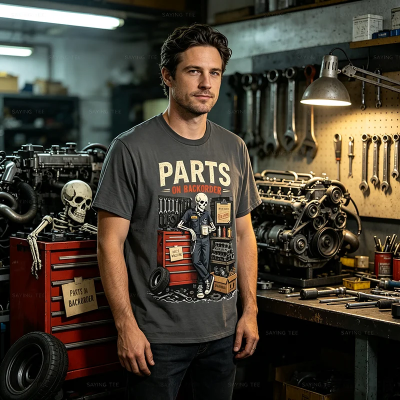 Vintage Parts on BackOrder Mechanic Skeleton Repair Garage T-Shirt Y2k Gothic Auto Technician Graphic Apparel Novelty Gift Tees