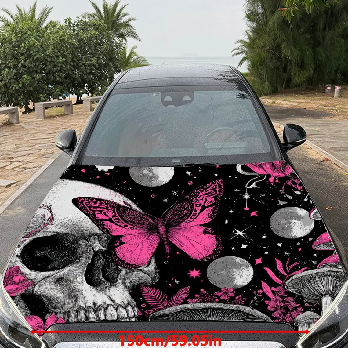 Car Decals Skull with Vibrant Pink Butterfly and Celestial Elements Car Hood Sticker, Waterproof Self - Adhesive Vinyl Graphics