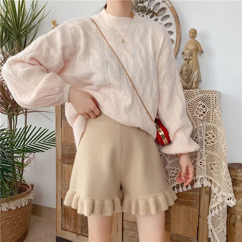 Autumn Winter New Trend Wide-leg Short Pants Thickened High Waist Slim Outer Wear Knit Shorts Women Loose Casual Short