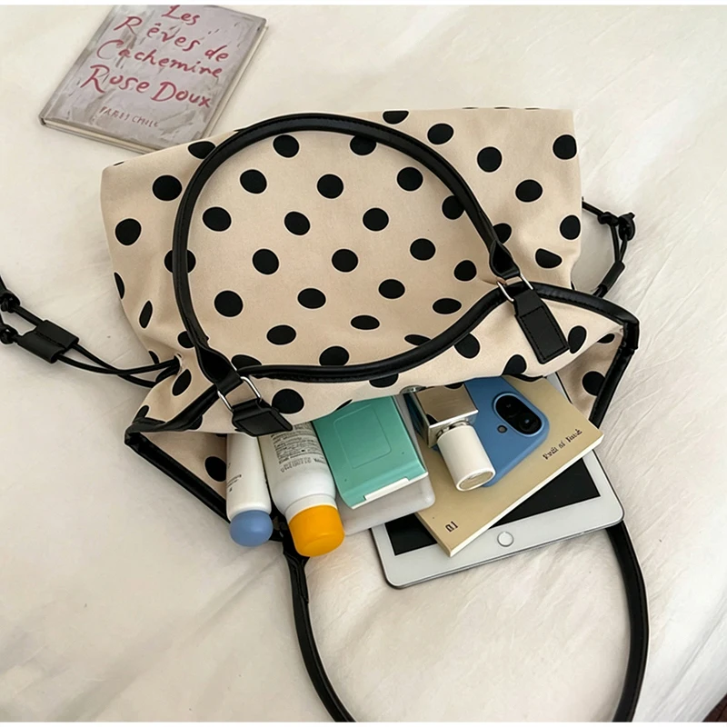 Koreanische Schultertasche aus Baumwoll-Leinen mit Polka Dots, Damen-Patchwork-Tragetasche mit großem Fassungsvermögen, vielseitige Freizeit-Handtasche für den Arbeitsweg – Detail 4