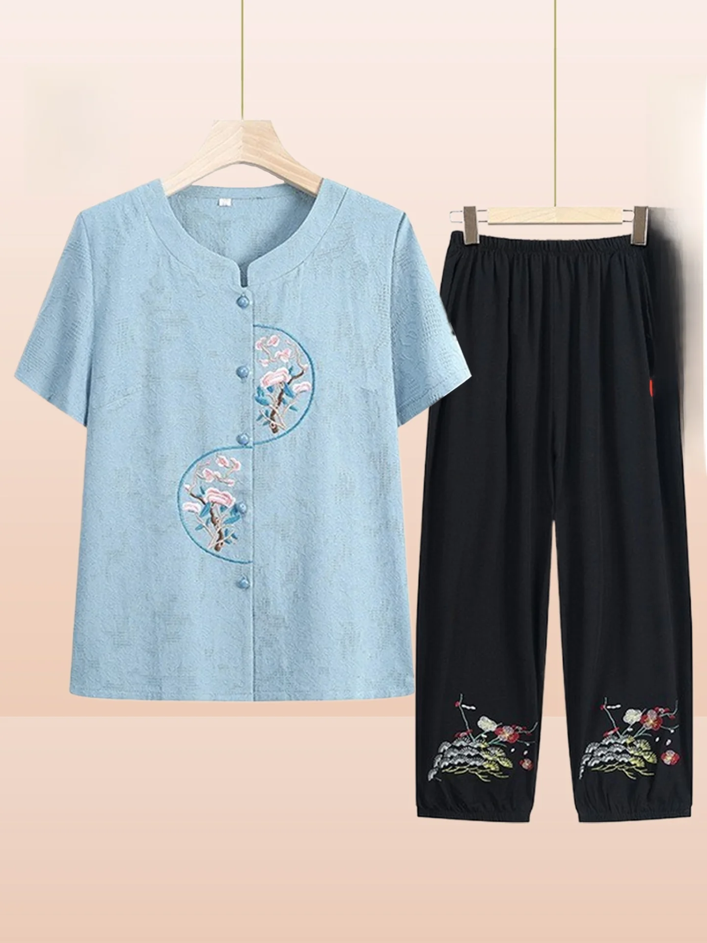 

ly Women's Summer Cotton Linen Set ort Sve Embroidered Two Piece Suit Loose Fit round Ne Single Button Closure