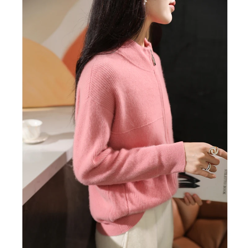 Women 100% Merino Wool Sweater Half-high Collar Cardigan Autumn/Winter Thickening Tops Cashmere Double Zipper Knitting Jacket