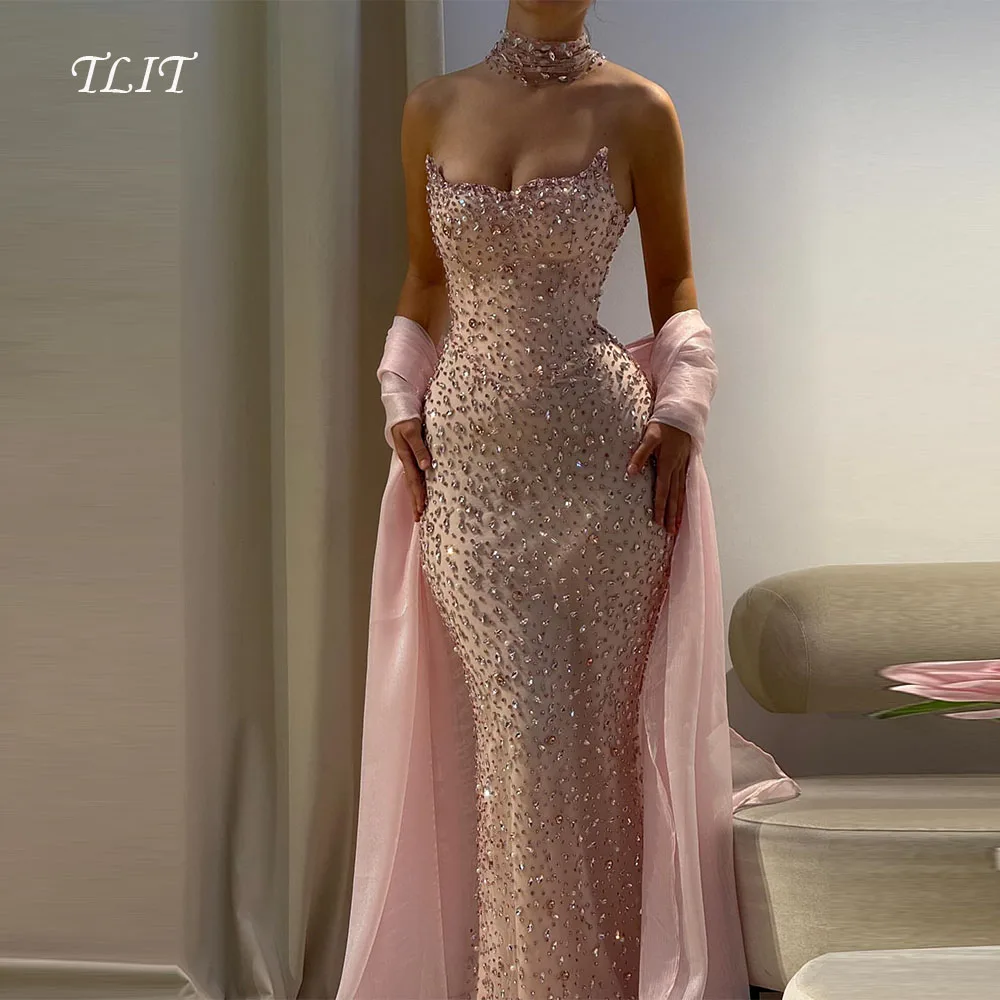 

TLIT Elegant Light Pink Mermaid Evening Dresses Customized فساتين سهرة Strapless Appliques Crystals Prom Gowns