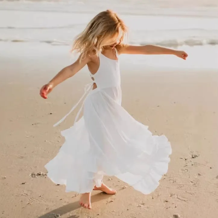 

2026 Girls Spring Summer Cotton Linen Backless Lace Mid Length Children's Vest Dress Fashion Solid Color Skirt
