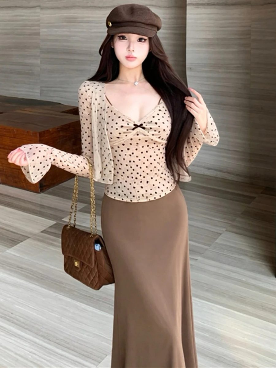 Sexy Heart Print Halter Neck Long Sleeve Vest High Waist Slim Fit Bodycon Skirt Set Women's Fashion Casual Wear Spring Autumn