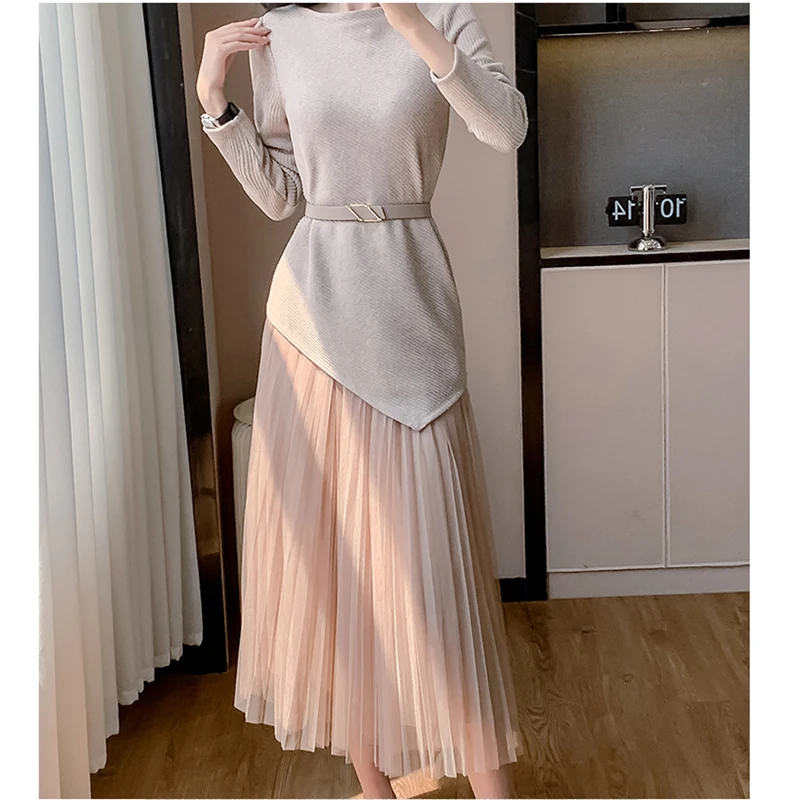 Women\'s Suit 2024 New Temperament Knitted Sweater Irregular Pullover Tops + Mesh Pleated Skirt Two Piece Set Fashion Clothes