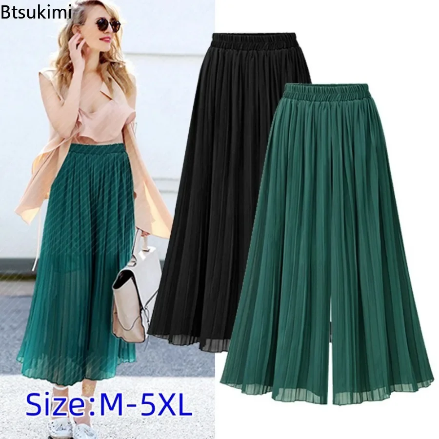 

2024 Women's Summer Oversized Chiffon Pants Trousers Female Wide Leg Pants Pleated Beach Loose Thin Classic Wide-leg Trousers