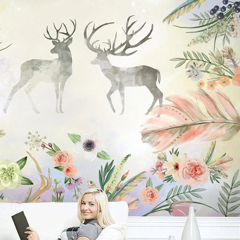 Custom 3D Simple warm wedding room wallpaper European flowers elk living room bedroom TV background wall Northern Europe murals