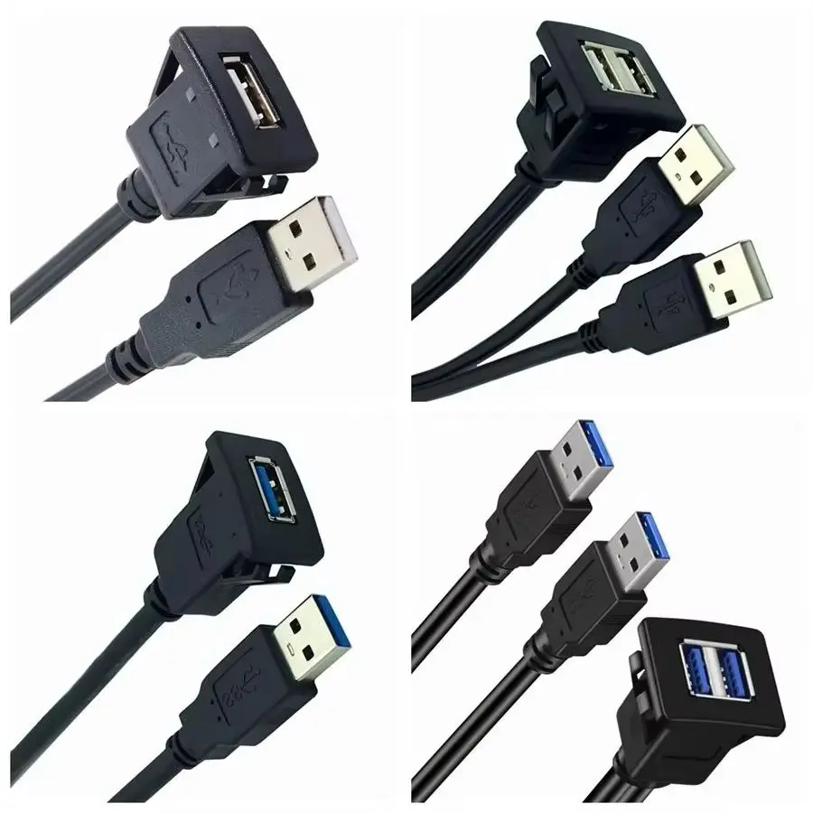 Dual USB 3.0 USB 2.0 Male to Female Flush Mount Panel Dashboard Cable Shielded for Car Motorcycle 1m 2m Length Auto Accessory