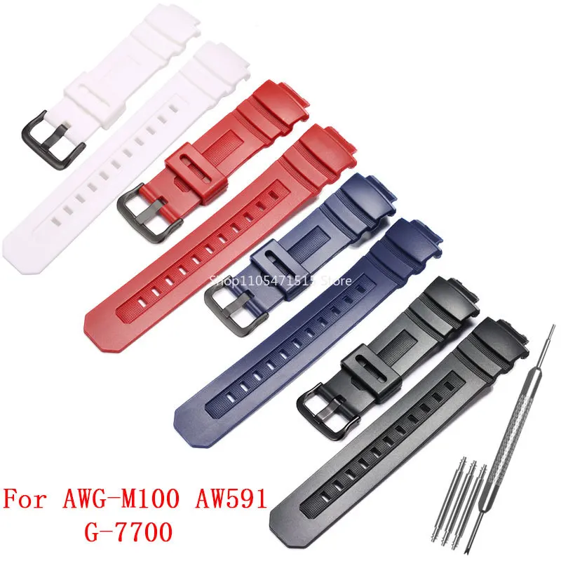 Rubber Watch Band For Casio AW-590/AW-591/AWG-M100/G-7700/G-7710 Black Resin St…