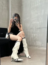 Black White Women Knee High Boots Pointed Toe Chelsea Botas Thin High Heels Belt Buckle Design Size 35-39 Fashion Party Pumps