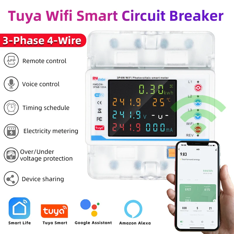

Умный автоматический выключатель Tuya Wi-Fi, автоматическая защита от закрытия, 3-фазный, 4-проводной измеритель мощности, защита от пониженного напряжения 100А