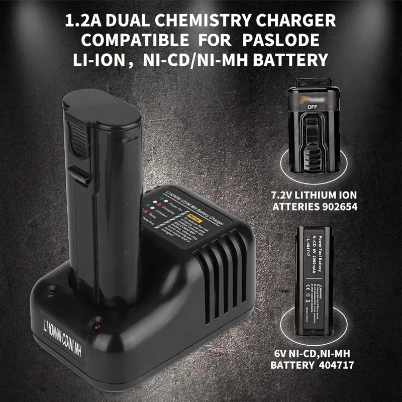 For Paslode Charger Dual Chemistry Power Tool Battery Charger for Paslode 6V Ni-CD/Ni-MH Battery 7.2V Li-ion Battery 902654LI