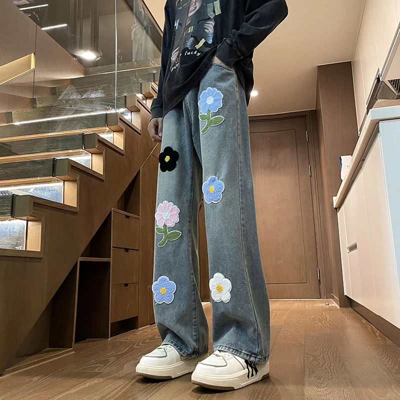 

Retro Floral Embroidery High Waist Jeans Loose Straight Leg Long Trousers Unisex Youthful Style Casual Machine Washed Denim