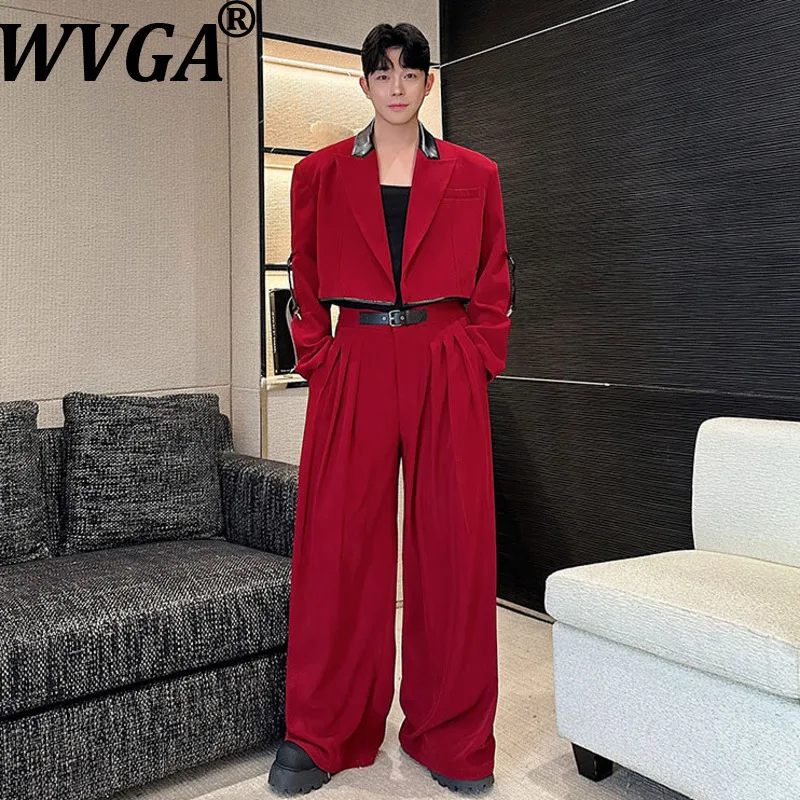 

WVGA весна осень новый мужской кожаный драпированный короткий пиджак с цветными блоками нишевый шикарный повседневный широкий костюм брюки комплекты из двух предметов W13690