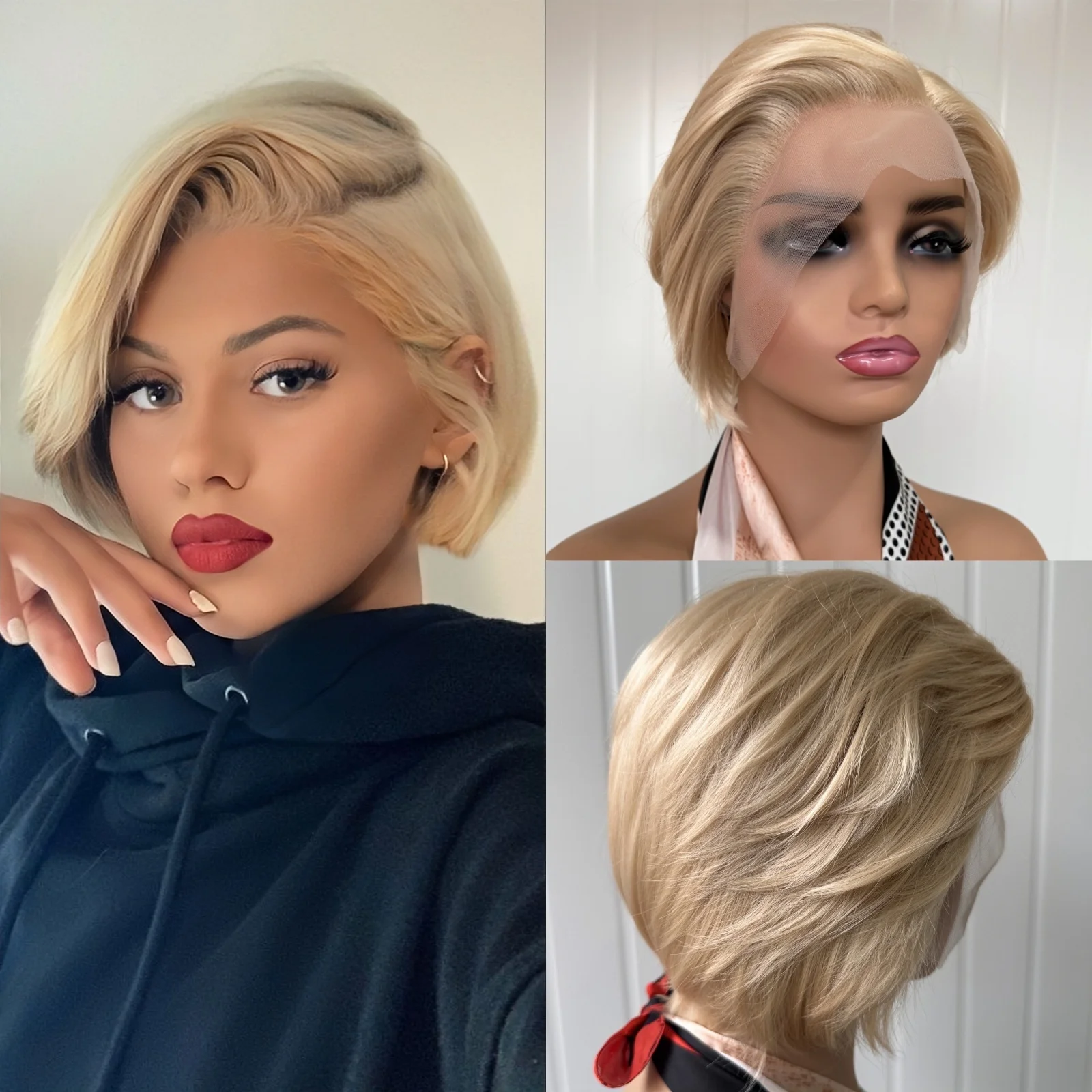 

Strawberry Blonde Pixie Cut Wig Short Bob Straight Synthetic Lace Front Wig Honey Blonde Colored Hair Frontal Wigs for Women