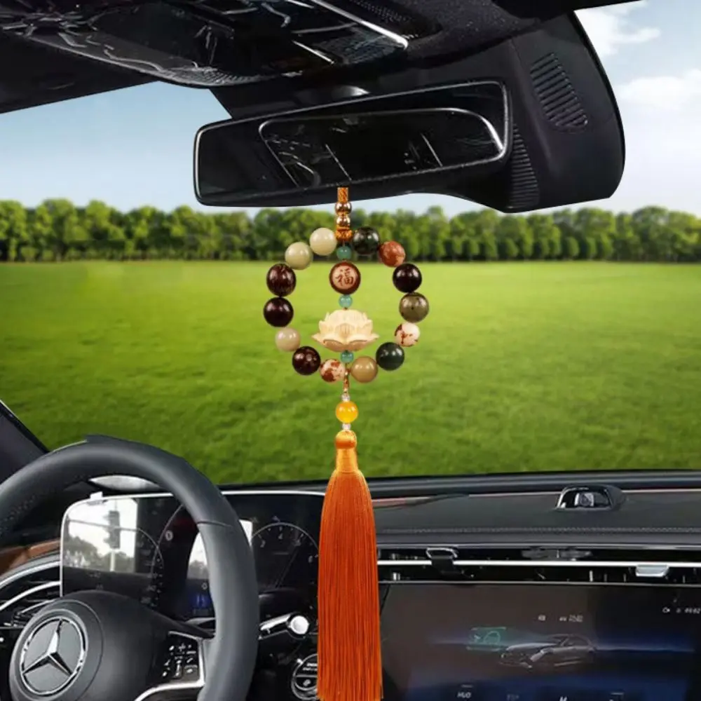 

Car Rearview Mirror Bodhi Pendant Chinese Wooden Carving Lotus Buddha Statue Auto Decor Tassel Hangings Car Interior Decor