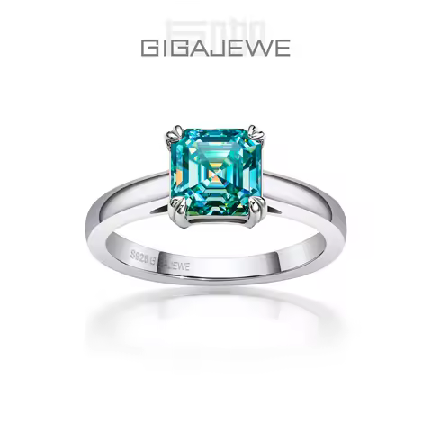 GIGAJEWE 5.5/7.0mm 0.8/2.0ct D Asscher 18K White Gold Plated 925 Silver Moissanite Ring Diamond Test Passed Jewelry Woman Gift