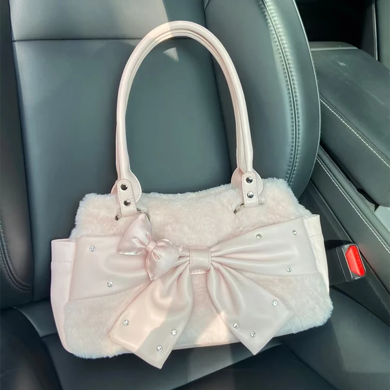 

Plush Bow Handbag,Cute Effortless Chic Furry Large Capacity Commuting Women Bowknot Tote Bag,2025 Winter New Slouchy Laid-Back