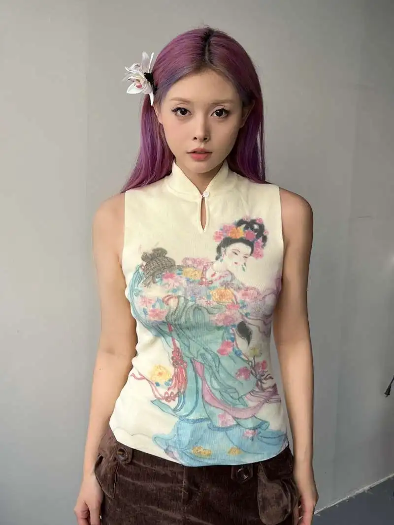 Print New Chinese Style Sexy Tanks Tops Vintage Y2k American Skinny Slim Waist Short Top Camis Stand Collar Sleeveless Women