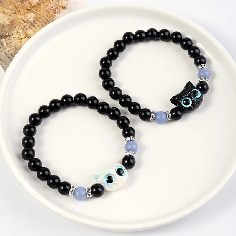 Pulseras luminosas de gato de ojo grande para mujer, colgante de Animal de dibujos animados, cadena de mano con cuentas, pulsera de amistad, regalo