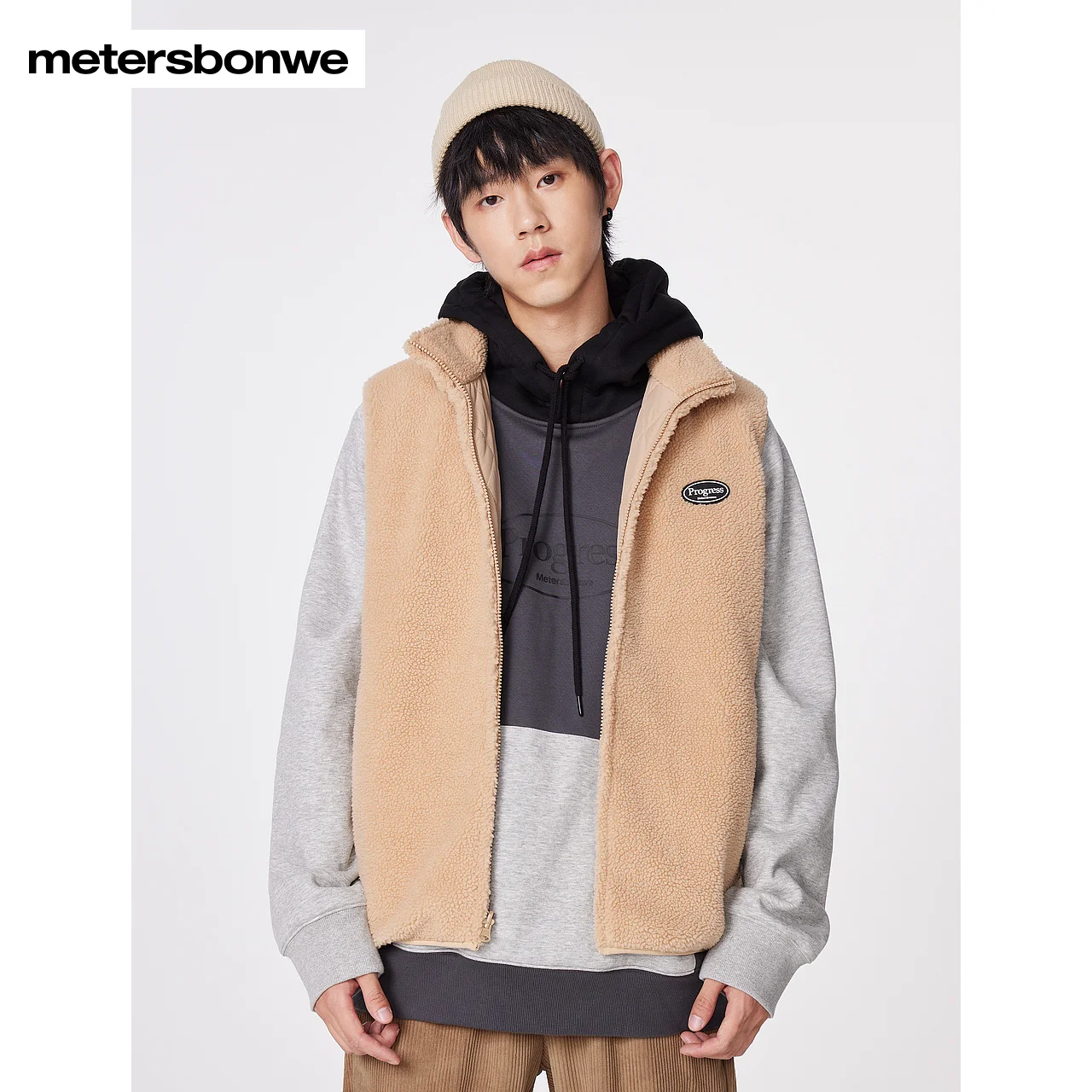 

Metersbonwe-Men's Artificial Lamb Down Vest Back Embroidery Standing Collar Sleeveless Jackets Warm Wear Autumn Winter