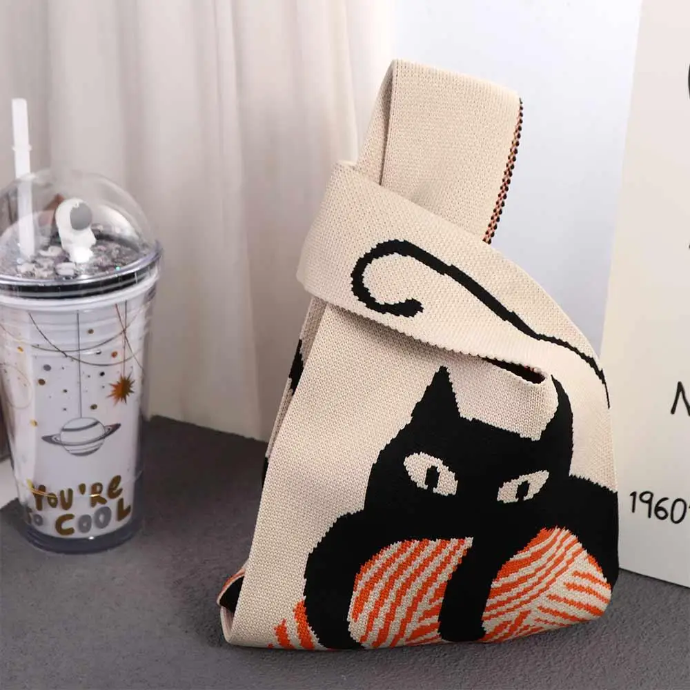 Trend ige Sommer bindung Katze Cartoon große Kapazität Kosmetik tasche Aufbewahrung tasche Strickt asche Frauen Handtasche Handgelenk Tasche Umhängetasche