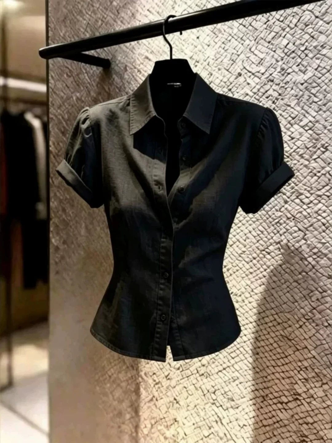 

French Style Slim Fit Shirt Short Sleeve Turn-down Collar Breathable Skin-friendly Summer Top for Small Stature Women