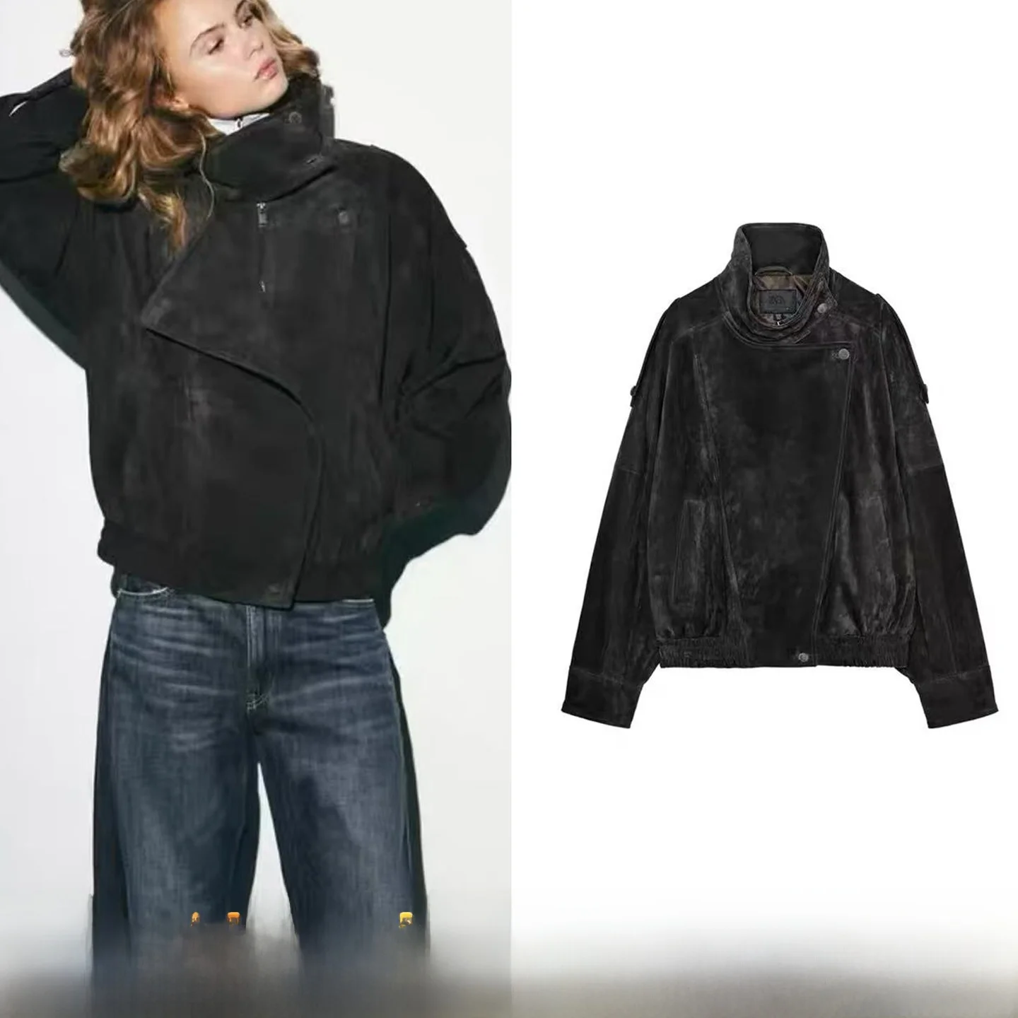 

Spring New Arrival Women's High-End Leather Biker Jaet Stand Collar Long Sve ort Outerwear Zipper Closure No Brand