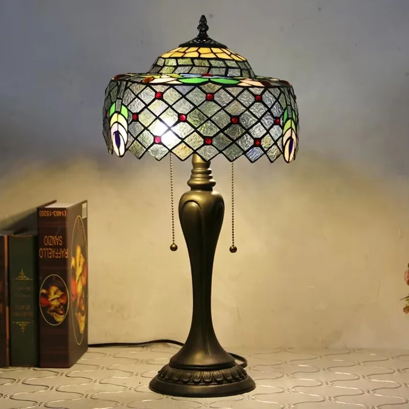

12-Inch Peacock Feather Tiffany Antique Desk Lamp, Stained Glass Lamp Handmade Creative Bedroom Light Emitting Diode Lamp