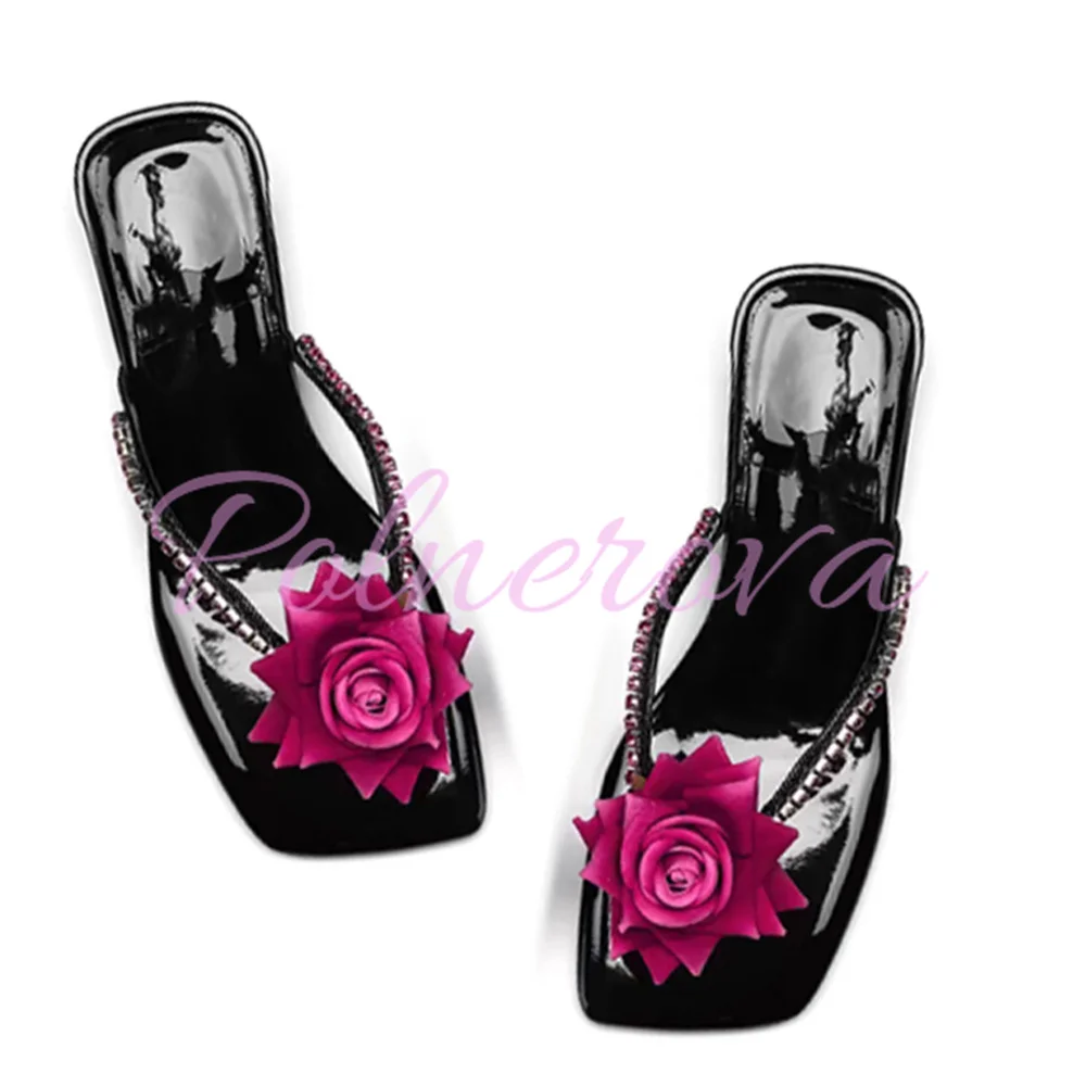 Rhinester Satin Rose Flower Sandals Women's New Flip-Flops Women Thick Square Toe Slippers Summer Shoes Sandalias De Mujer