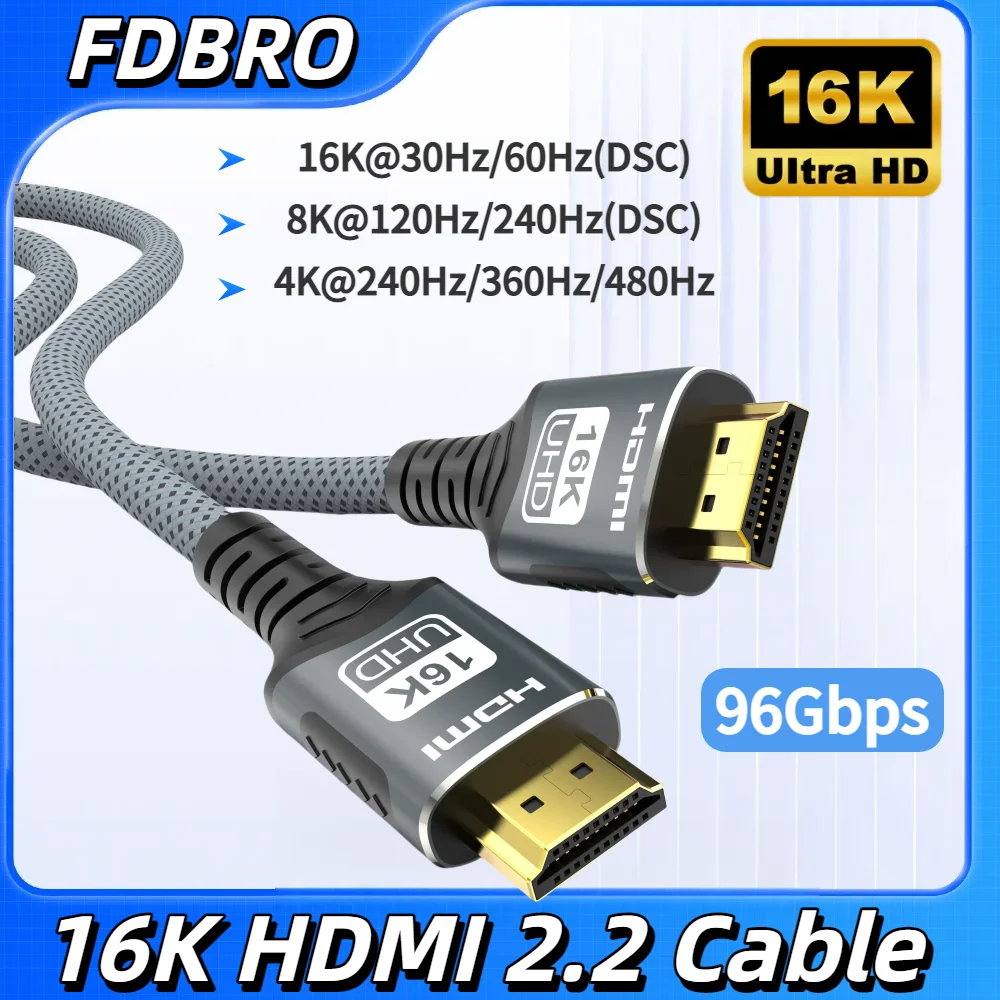 El cable 16K HDMI 2.2 admite 16K@30Hz/60Hz 8K@120Hz 4K@240Hz Compatible con 8K HDMI para televisores HD portátiles Xbox PS5 y Switch