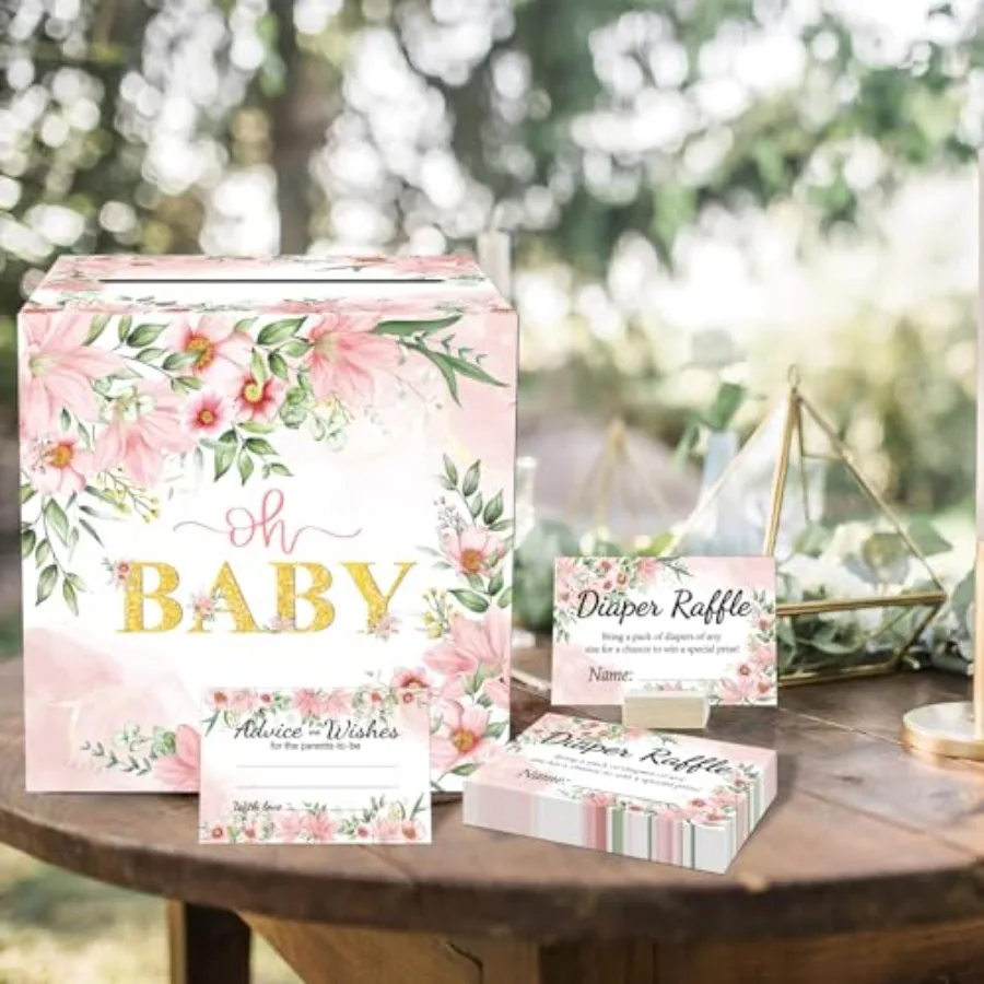 Baby Shower Games Floral Diaper Raffle Box for Baby Shower 50 PCS Diaper Raffle Tickets Card Box with Advice and Wishes for the