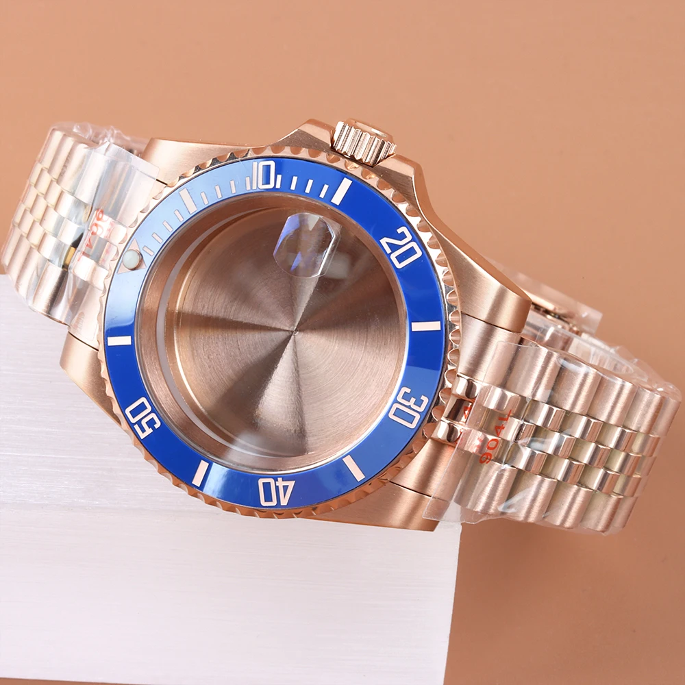 

For Submariner GMT 40mm Watch Case Jubilee Strap Stainless Steel Fit Nh35 Nh34 Nh36 Nh38 Movement 28.5mm Dial Rose Gold Case