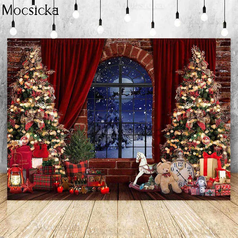Mocsicka Giáng Sinh Lò Sưởi Phông Nền Chụp Ảnh Màu Đỏ Gạch Tường Mùa Đông Tuyết Cây Giáng Sinh Họ Chân Dung Ảnh Nền