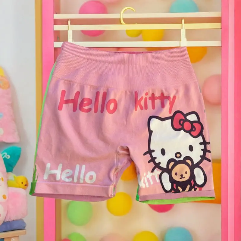 Sanrio HelloKitty pantalones cortos deportivos estampados dibujos animados lindo verano pantalones de Yoga de doble cara corazón femenino pantalones deportivos delgados de tres cuartos