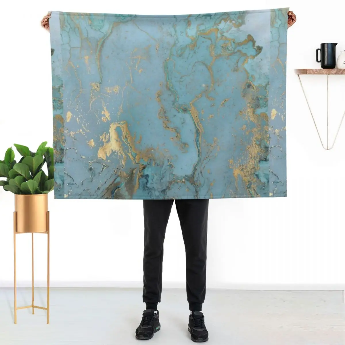

Marble Design - Gold Effect - Turquoise Blue, Teal Marbling Throw Blanket All Season Lightweight Soft Blanket for Bed
