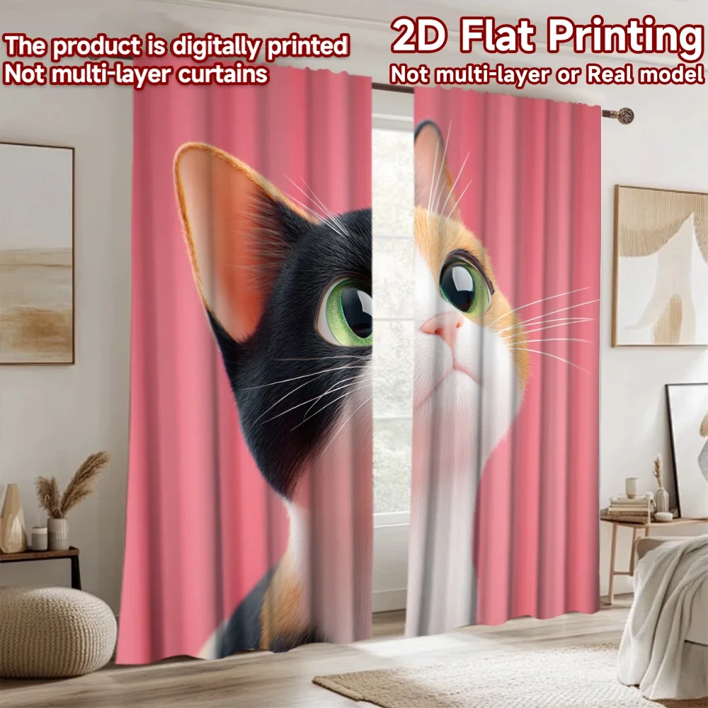 2D flat printing 2pcs Party Curtains Calico Cat Cute Animal Digital Printed Polyester Drapes Party Decorations for Indoor 4