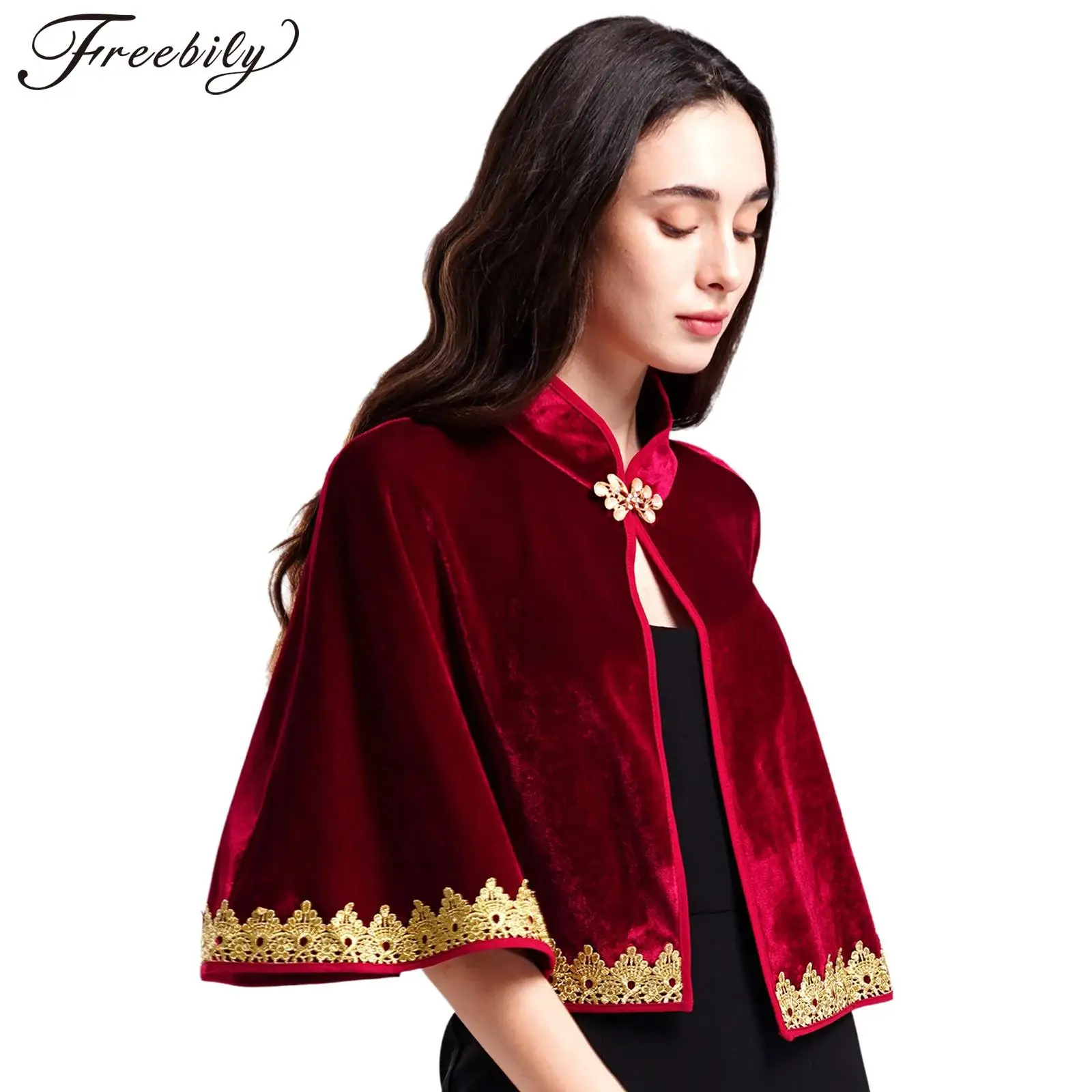 

Evening Capes Womens Elegant Velvet Cape Bolero Stand Collar Gold Trim Shawl Shrug Shoulder Jacket for Banquet Party Accessories