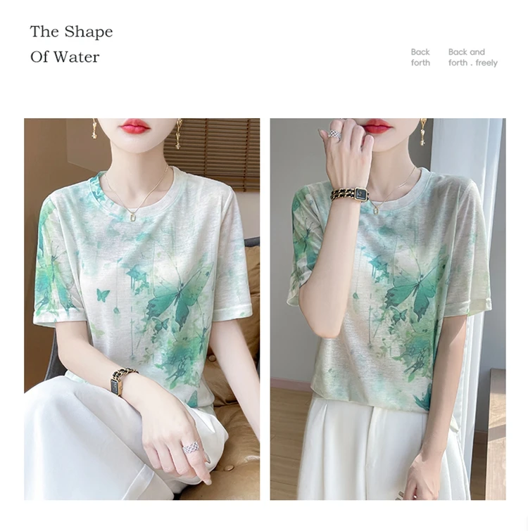 Summer New Women's Round Neck Printed Knitted Short-Sleeved Thin T-shirt Loose Bottoming Shirt