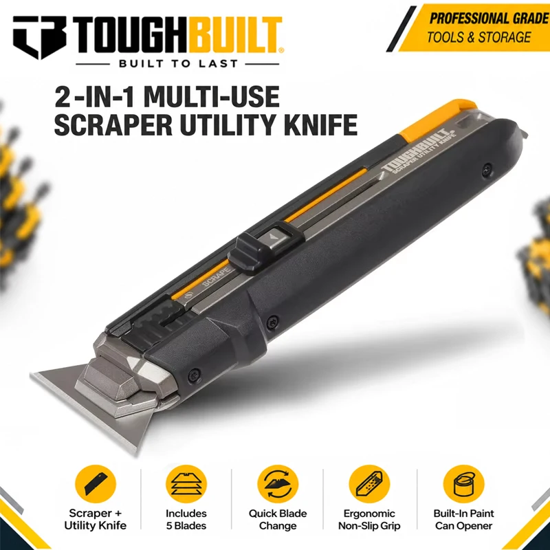 TOUGHBUILT TB-H4S5-01 2-in-1 Deformation Scraper Utility Knife, 5PCS Replacement Blades Ergonomic Non-slip Hand Tool
