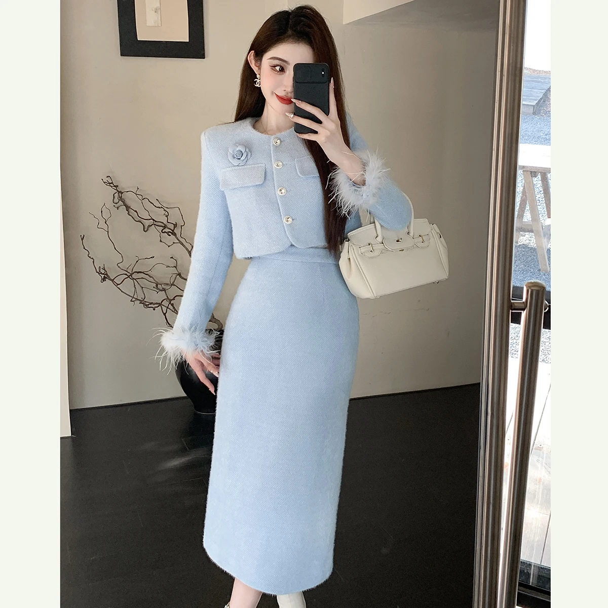 In-Stock Autumn and Winter Cotton-Padded Jacket with High-Waisted Long Skirt Classic Style Two-Piece Set for Women Female Lady