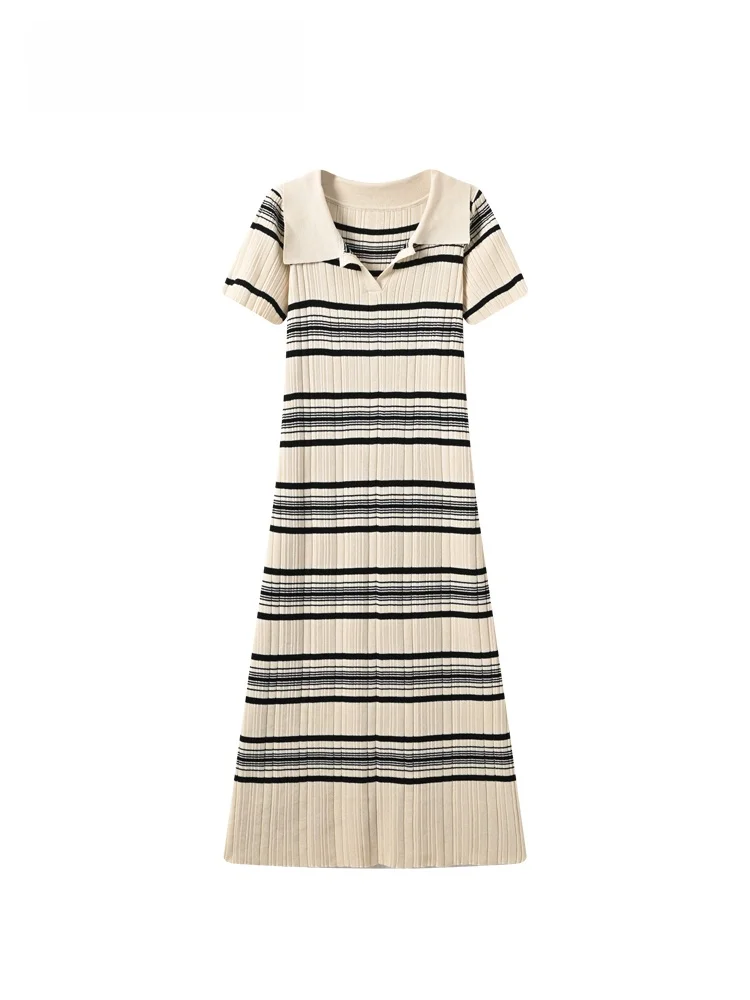 

CaraCLUB plus Size Summer New Collar Short Sleeve Dress Casual Striped Anti-aging Women's Dress Knitted A-line Citywalk ...